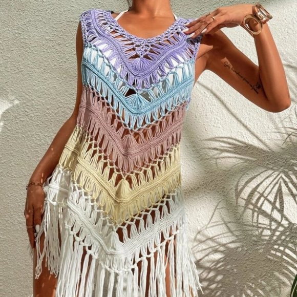 Multi Color Stitched Crochet Fringe Detailed Top Bikini Coverup - Picture 5 of 9